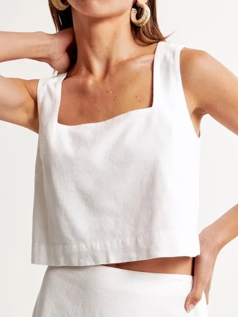 Abercrombie & Fitch Linen Blend Square Neck Crop Tank White Medium